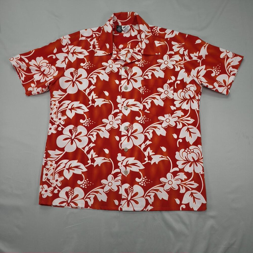 Kennington Mens L Hawaiian Shirt Red Hibiscus Floral Aloha Camp Retro Vintage
